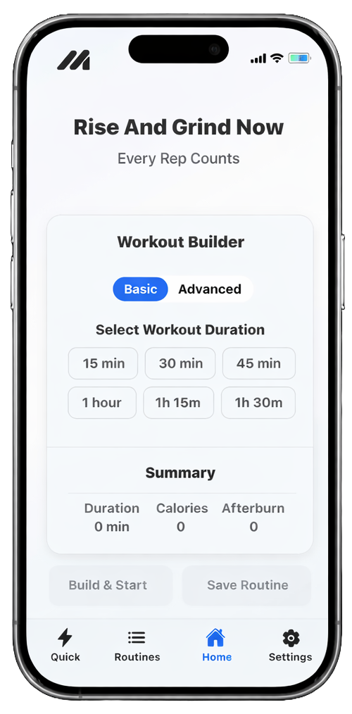 Momentum Fitness Journal app screenshot on iPhone showing workout builder and time-based timer